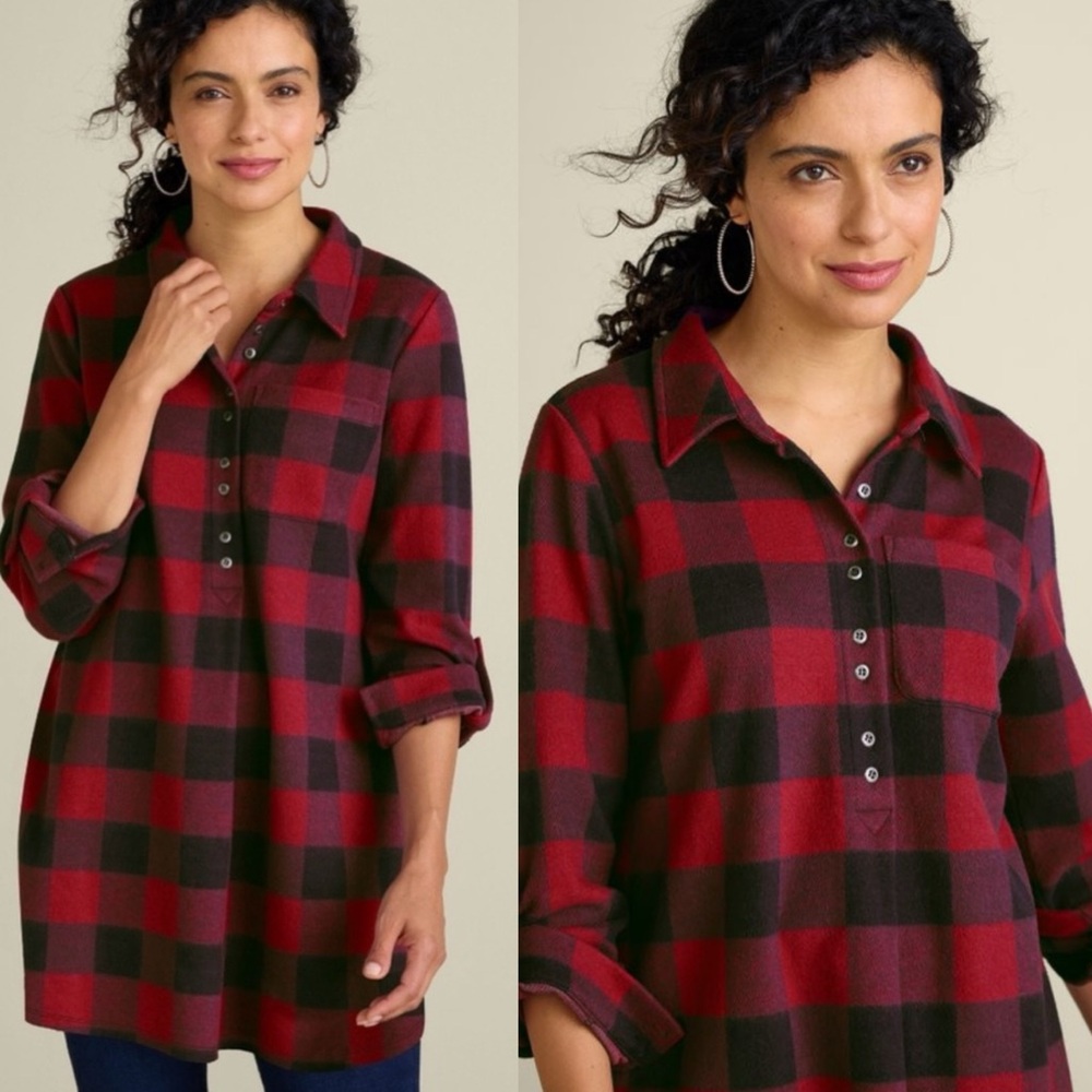 Soft Surroundings Mad About Plaid Tunic Plus Size 1X Red Black Buffalo Check